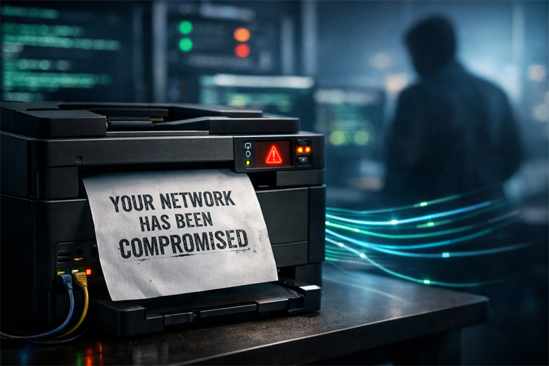 A printer displays a warning about a compromised network